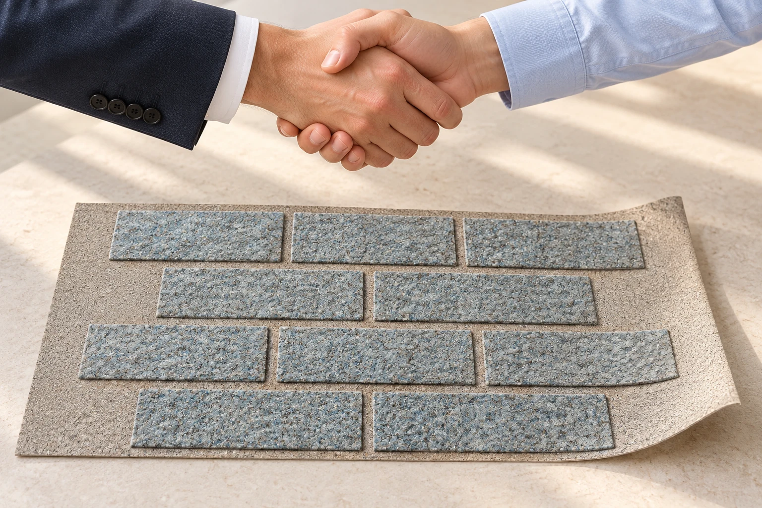 Иллюстрация сотрудничества: рукопожатие над гибким холстом FLEX-STONE.SHOP с цельными кирпичиками и минеральной подложкой